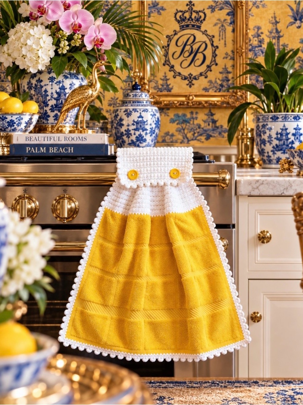 Mellow Buff Yellow Hanging Kitchen Towel White Crochet Handmade
